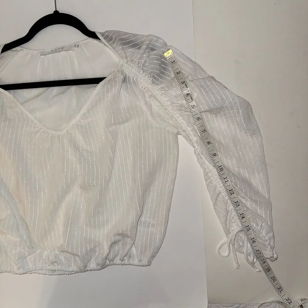 ASTR the Label Ruched Puff Long Sleeve Top White Sheer Pinstripe Blouse VNeck XS